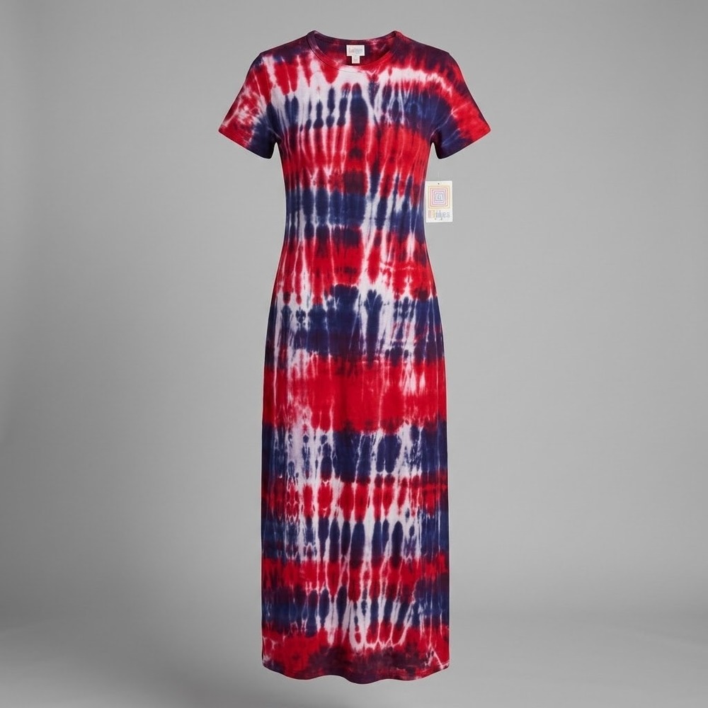 NEW LuLaRoe Maria Maxi Dress XXS Red White Blue Tie Dye Short Sleeve Festival